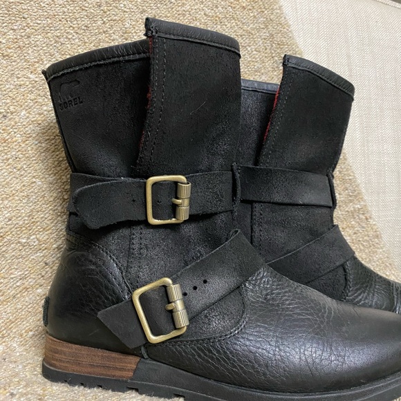 Free People Sorel Black leather major Moto boot shoe 6 bootie - Picture 3 of 7